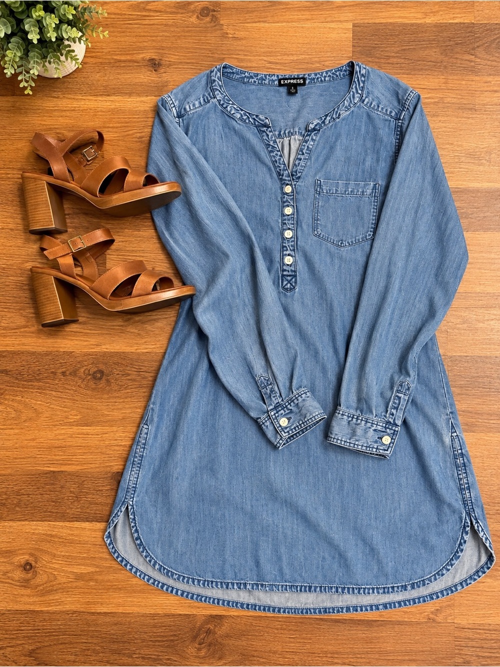 Express Chambray Denim Shirt Dress Long Sleeve Blue Size L